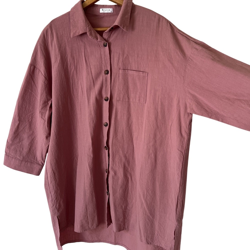 Beyove Womens Collared Button Up‎ Shirt Dress Pink 100% Cotton 3/4 Sleeve Work